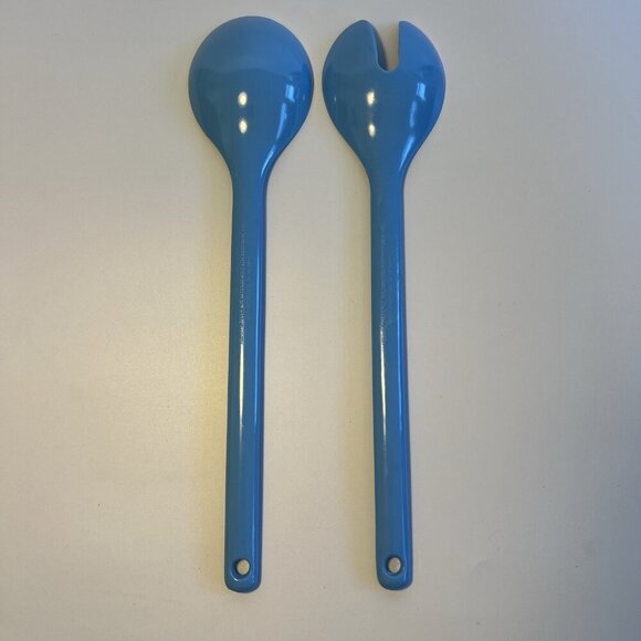 2pc Vintage Melamine Utensils Aqua Blue Salad Servers Serving Slotted Spoon Set - Picture 4 of 6